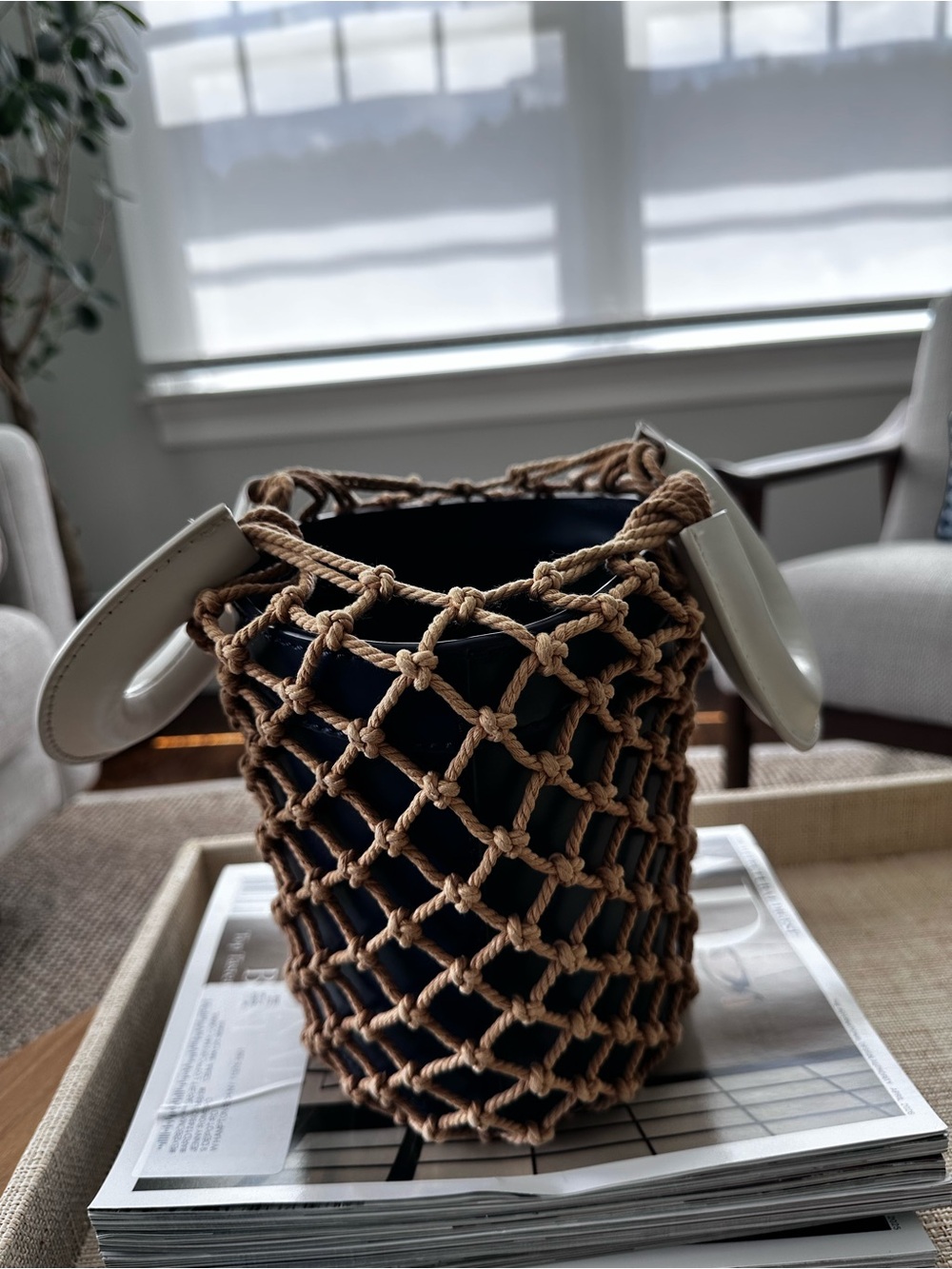 Staud Woven Rope Net Bucket Bag with White Handle - Blue/White - Picture 3 of 5